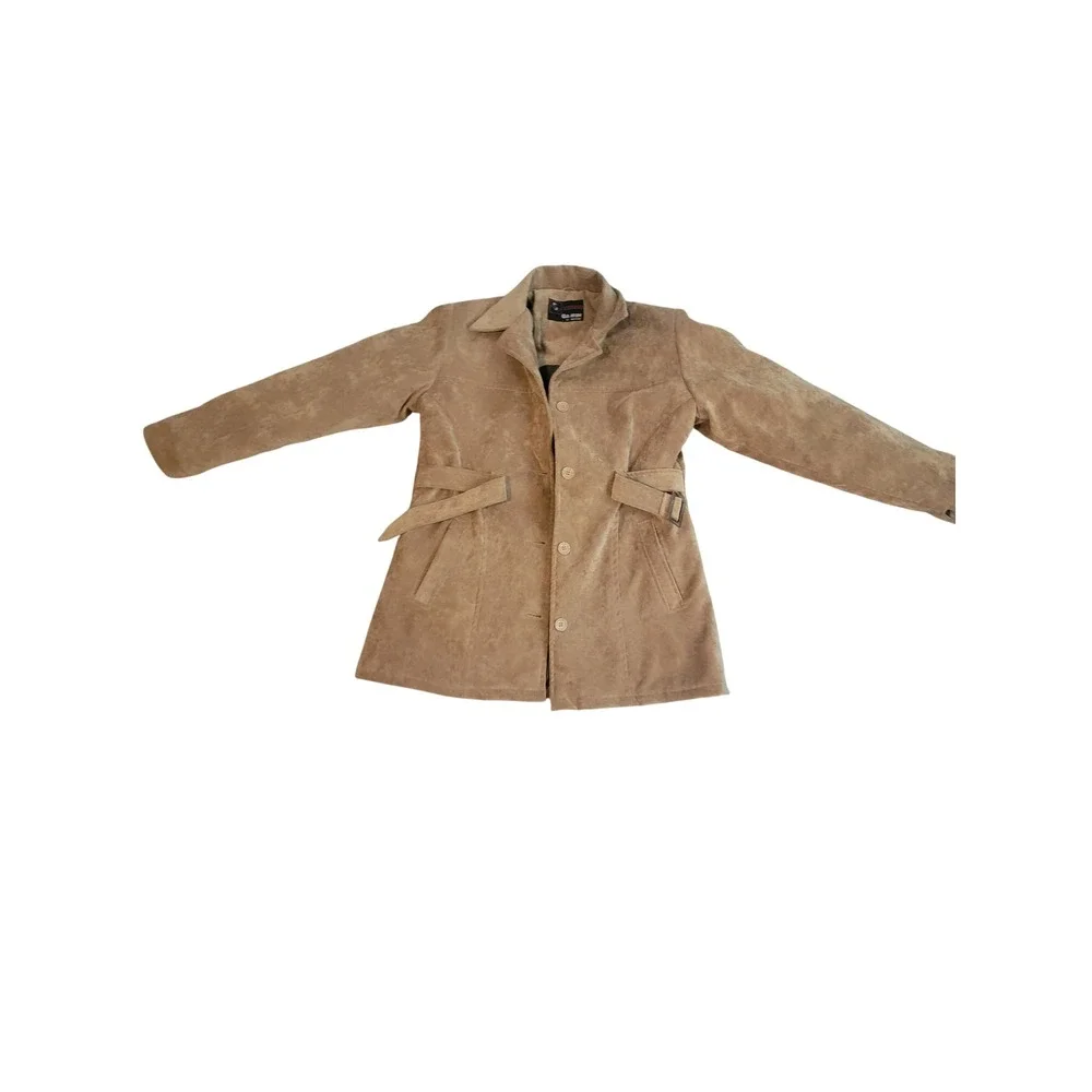 Gaurav Collection Tan Faux Suede Belted Jacket Coat Womens Size 1 Small Tan